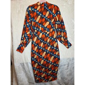 OFUURE African Print Midi Dress Orange Blue Balloon Sleeve Mock Neck Small